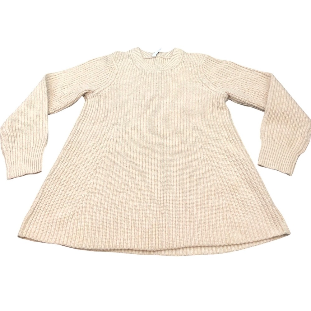 Athleta Sierra Crew Neck Sweater Wool Blend Rib Chunky Knit Beige Tan Sz‎ L
